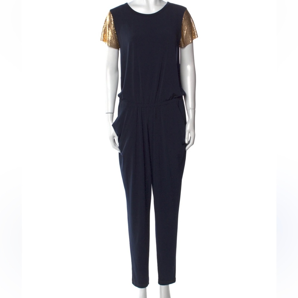 Michael Kors Black Jumpsuit Gold Chain Mesh Sleeves Womenโs Size XXS - Picture 2 of 5